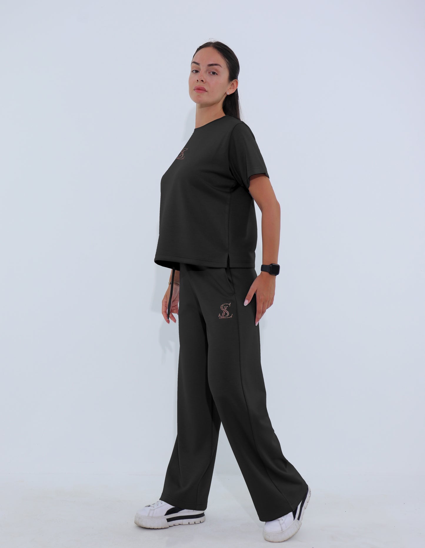 Дамски екип S-LINE SilkyStrip - черен с камъни